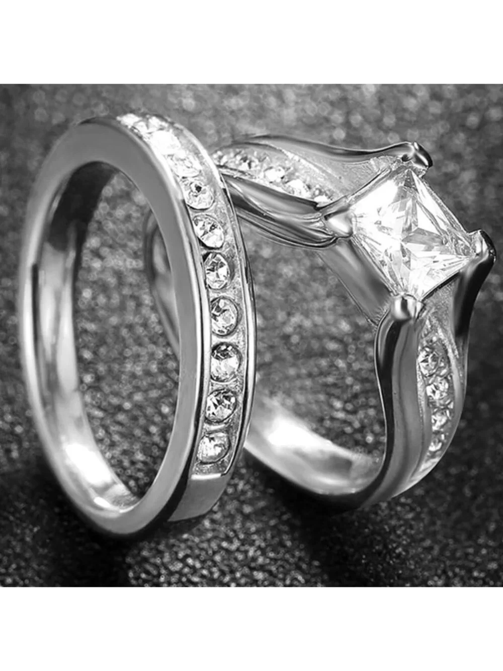 Stainless Steel Princess Cut Engagement Ring Set - Halo Bridal Anniversary